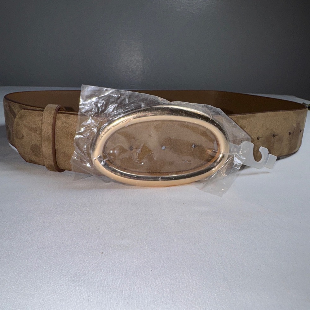 Alexa Koi The Golden Oval Statement Belt 32"-40"Taupe Faux Suede Gold Buckle NWT